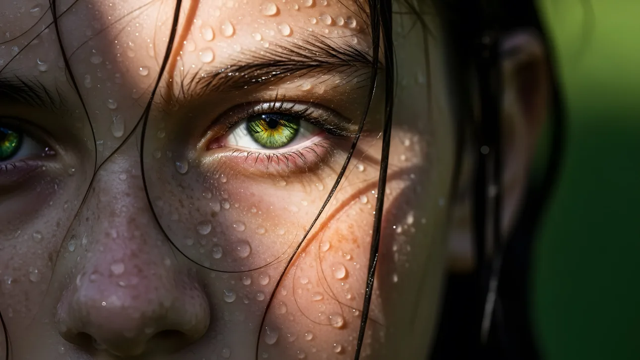Capture raw emotion with this striking close-up of a woman's face adorned with water droplets, highlighting a captivating green eye.