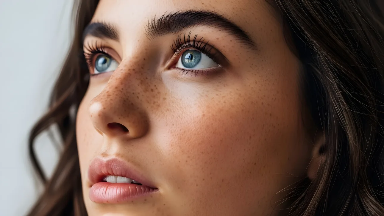 Elevate your project with this close-up of a woman's face highlighting freckles and captivating blue eyes, ideal for authentic beauty campaigns a