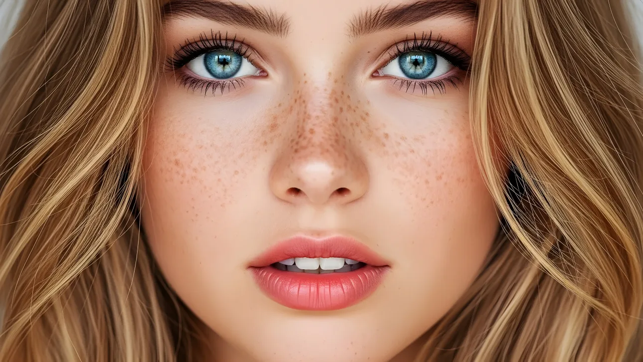 Elevate your project with this striking portrait of a woman featuring captivating blue eyes and delicate freckles.
