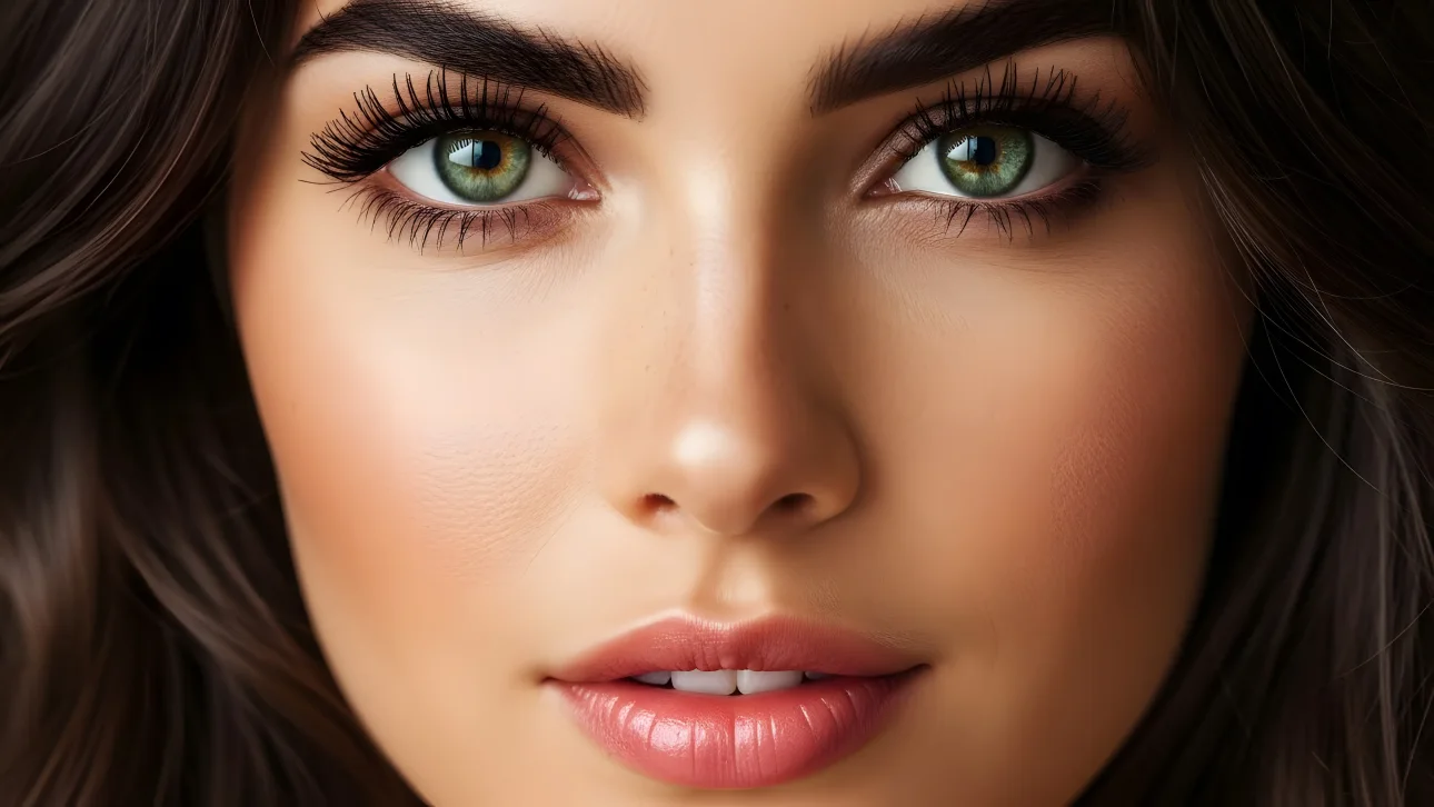 Enhance your designs with this striking portrait featuring captivating green eyes and flawless skin.