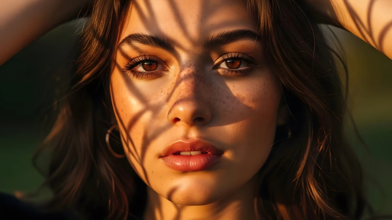 Elevate your designs with this stunning portrait featuring a woman with freckles bathed in golden hour light.