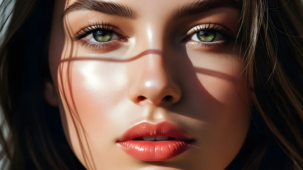 Showcase luminous beauty with this high-resolution image of a woman's face, enhanced by sunlight and natural makeup.