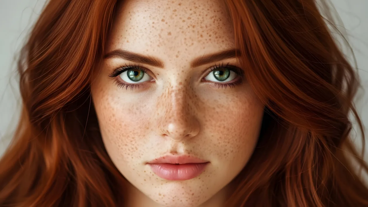 Elevate your designs with this captivating close-up of a redhead woman featuring striking green eyes and unique freckles.