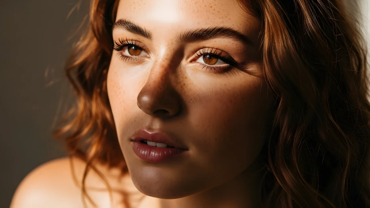 Enhance your project with this radiant image of a woman's face featuring auburn hair and freckled skin in sunlit ambiance.