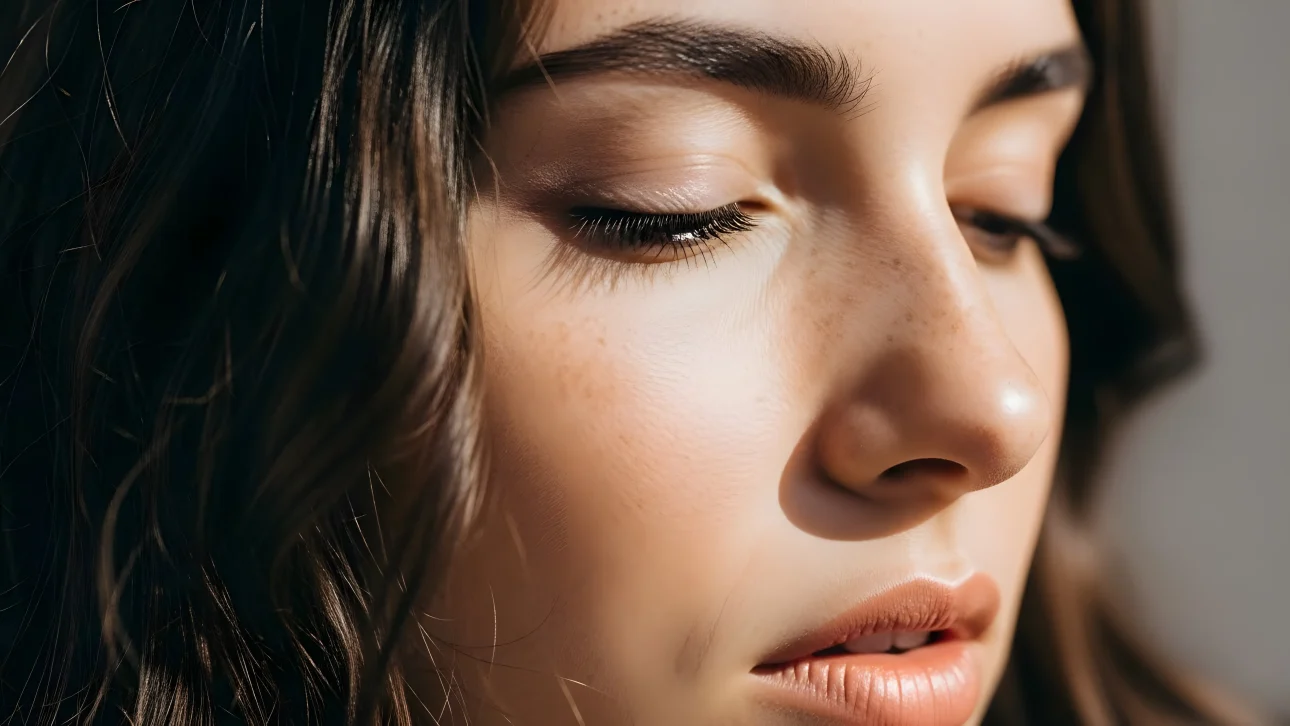 Elevate your designs with this close-up of a woman's face, showcasing natural beauty and soft lighting.