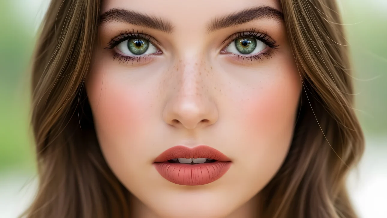 Enhance your project with this captivating face, featuring striking green eyes and subtle freckles.