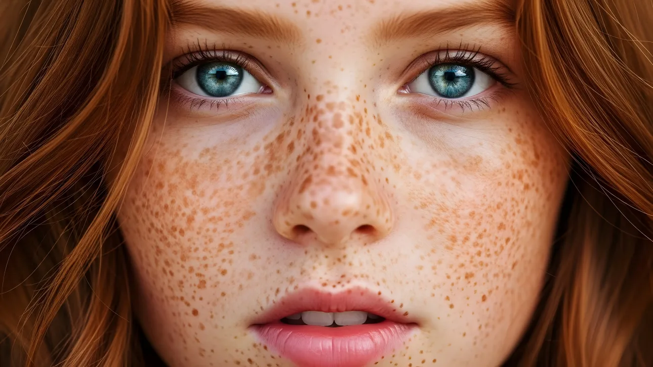 Showcase natural beauty with this redhead woman's striking portrait, highlighting unique freckles and vibrant eyes.