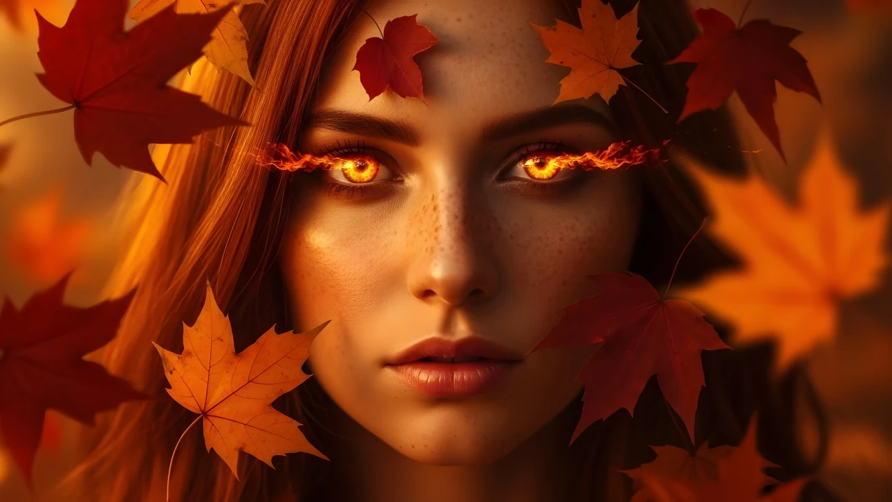 Elevate your designs with this portrait of a fiery-eyed redhead amidst autumn leaves. Perfect for fantasy art and seasonal promotions.