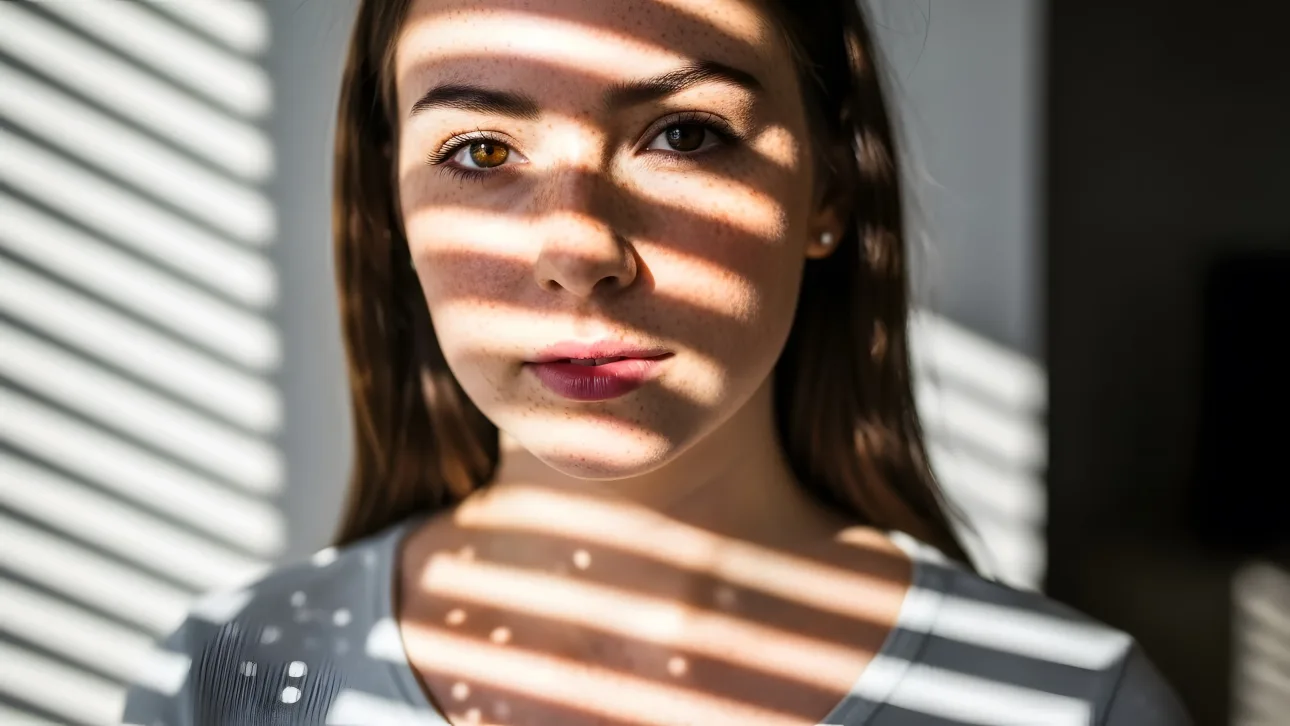 Elevate your designs with this captivating portrait of a freckled woman in radiant window light.