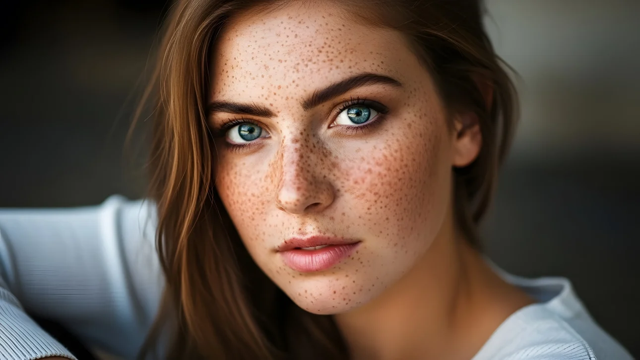 Elevate your creative project with this portrait of a captivating freckled woman, perfect for high-fashion editorials and beauty campaigns.