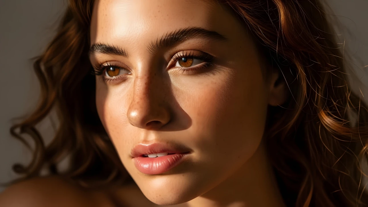 Enhance your designs with this close-up portrait of a woman with freckles.