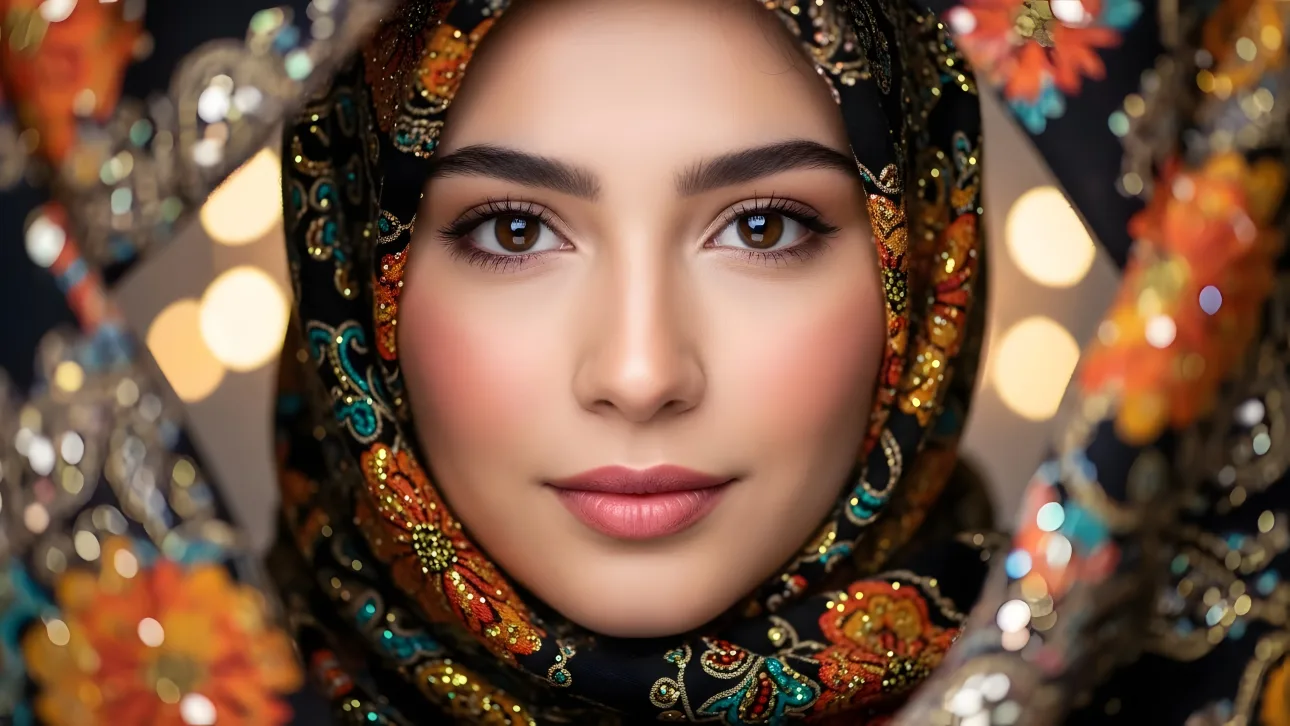 Elevate your designs with this striking portrait of a woman in a beautifully embroidered hijab.