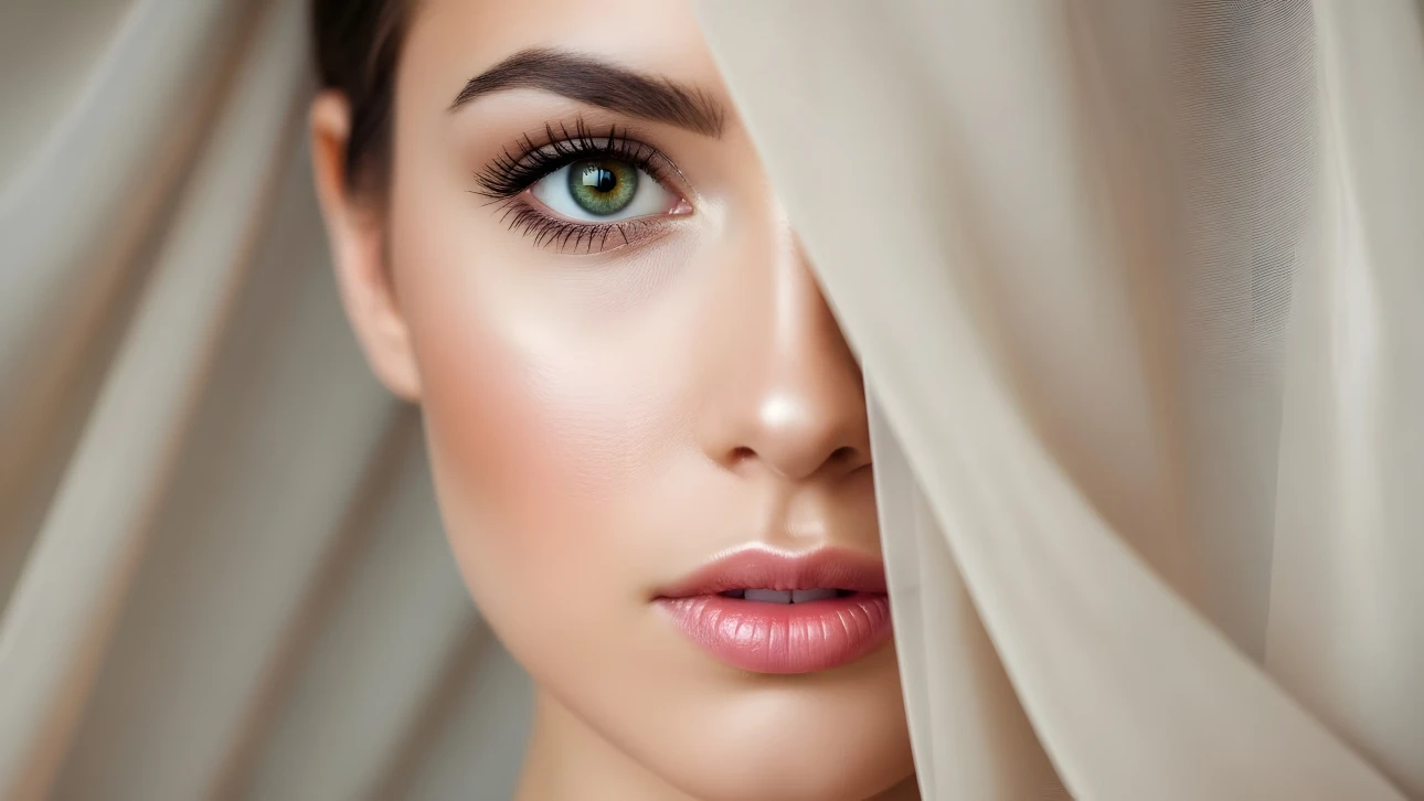 Elevate your project with this portrait of a woman featuring captivating green eyes and delicate fabric.