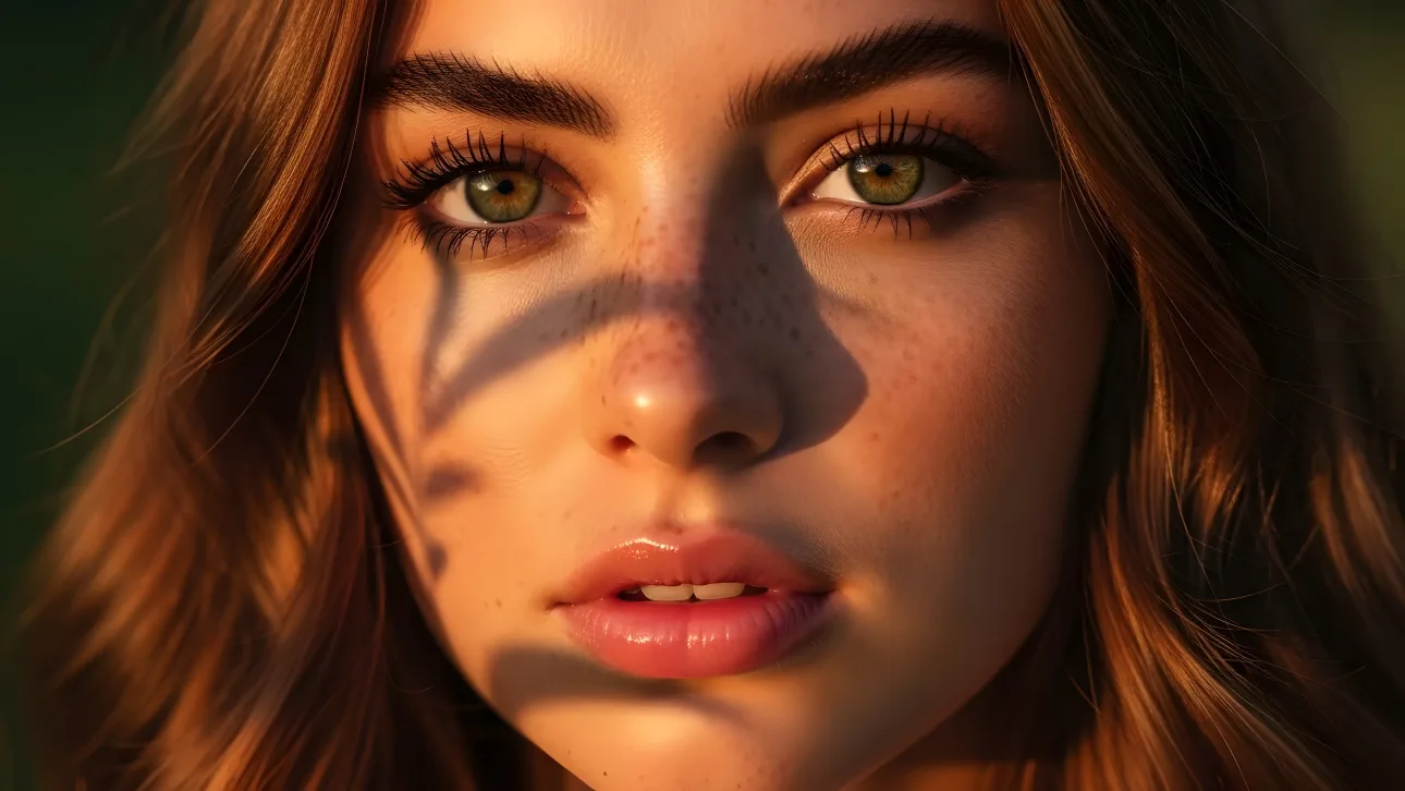 Elevate your project with a stunning portrait of a woman featuring realistic details and vibrant green eyes, perfect for high-end beauty campaign