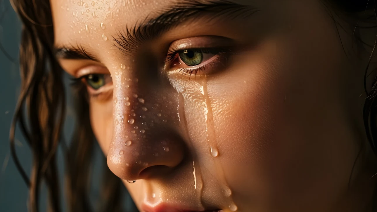 Evoke raw emotion with this striking image of a woman in tears, featuring a hyperrealistic skin texture.