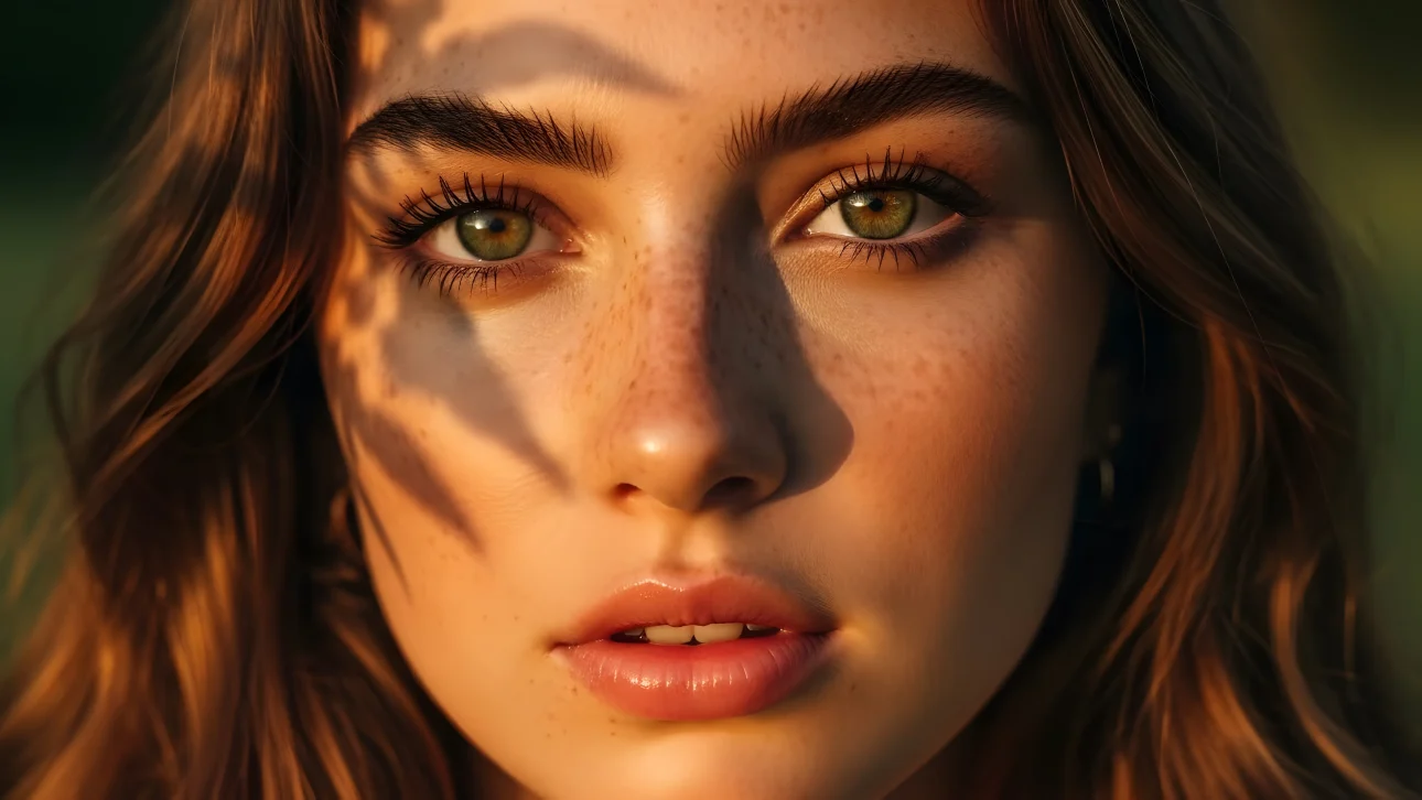 Elevate your project with this striking close-up featuring a woman's freckled face bathed in golden sunlight.