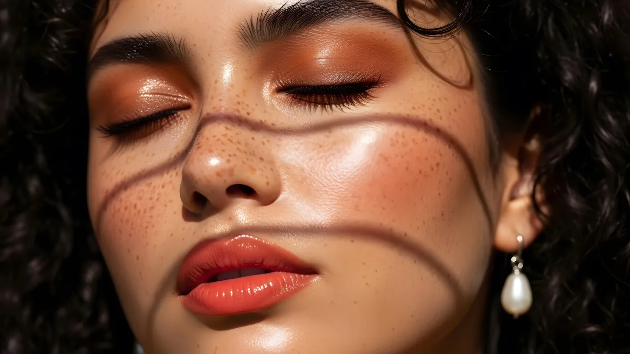 Enhance your creative project with a close-up portrait featuring natural freckles, glossy lips, and golden eyeshadow.