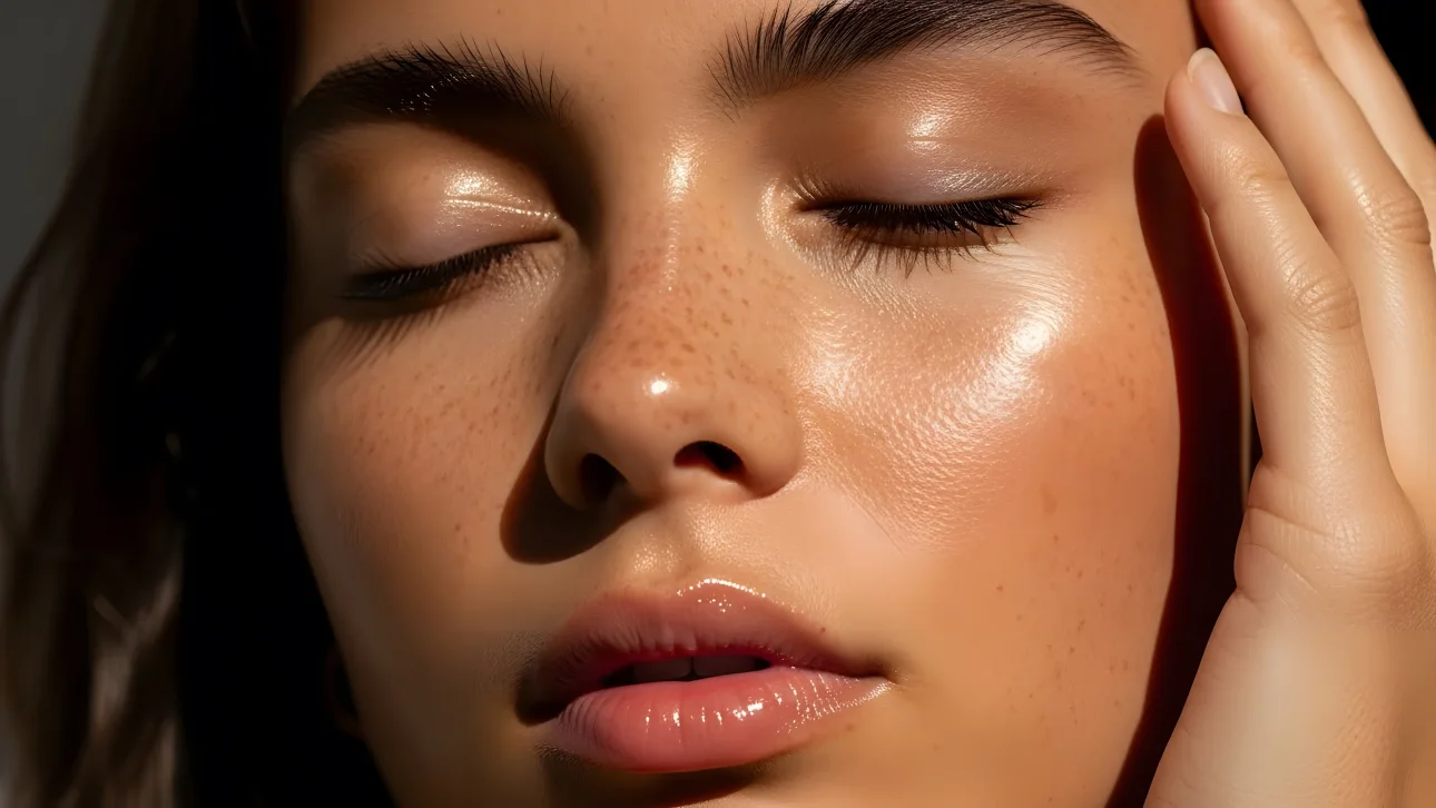 Elevate your visuals with this radiant portrait showcasing luminous skin and serene beauty. Perfect for high-end skincare and beauty campaigns.