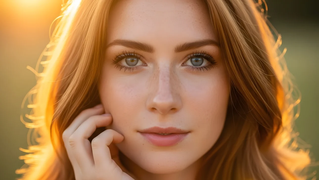 Enhance your project with this striking redhead woman portrait, radiating beauty and warmth in the golden hour.