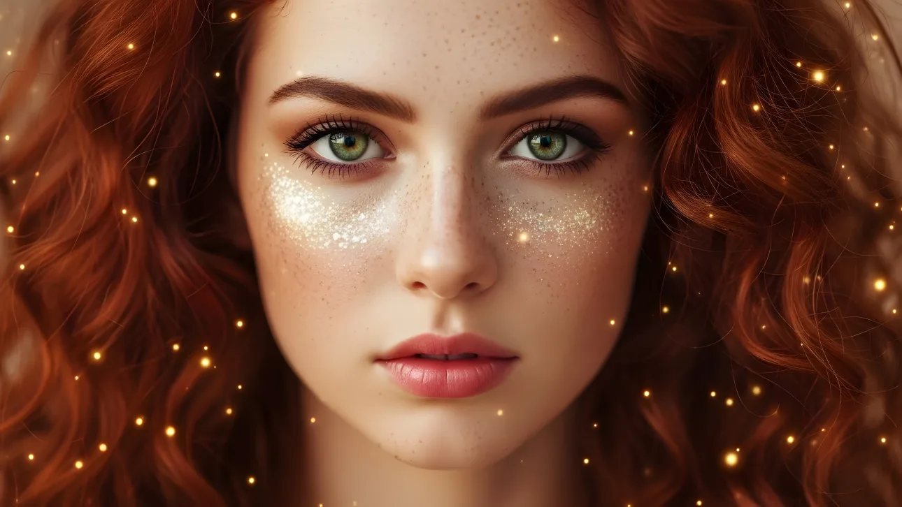 Elevate your designs with this stunning image of a redhead woman accented with glitter, ideal for beauty or fantasy projects.
