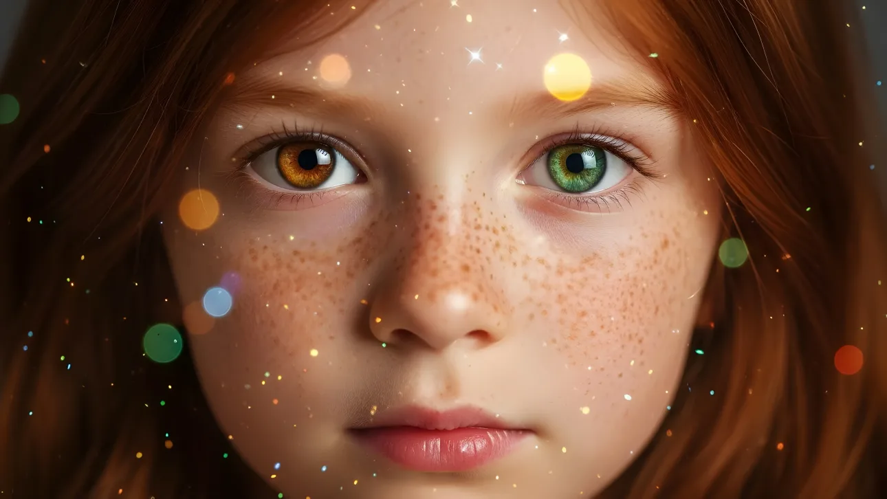 Elevate your designs with a striking portrait of a girl with heterochromia and freckles, enhanced by bokeh lights.