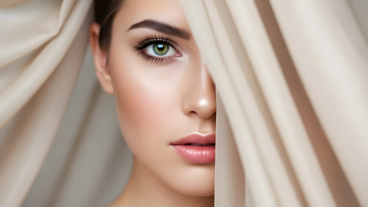 Elevate your beauty projects with this captivating image featuring a flawless face and delicate fabric. Perfect for high-end cosmetics campaigns.