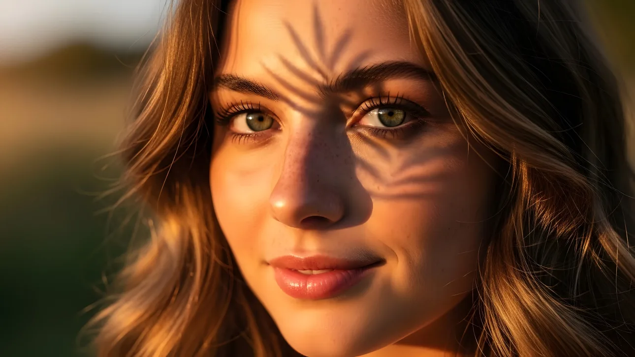 Elevate your creative project with this stunning portrait featuring a woman bathed in golden sunlight and dappled with palm leaf shadows.