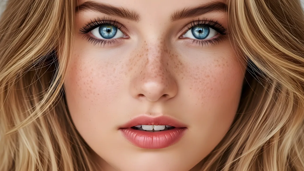 Elevate your project with this high-resolution portrait of a freckled woman, perfect for beauty campaigns and inclusive stock imagery.