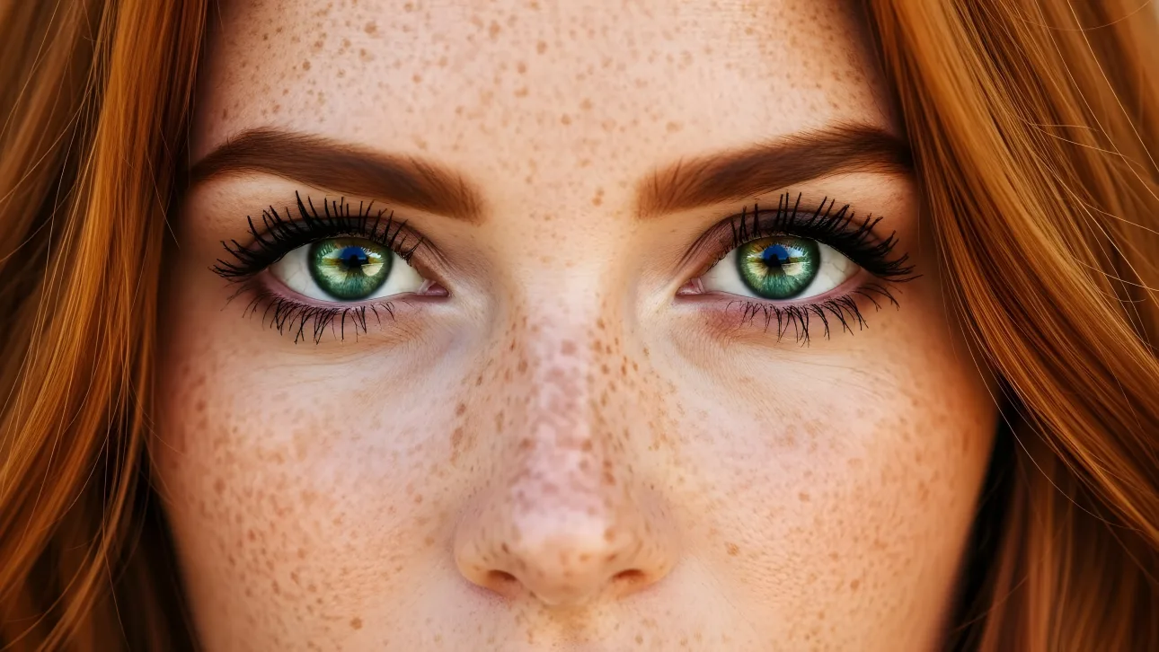 Enhance your project with this captivating portrait of a woman with striking green eyes and freckles.