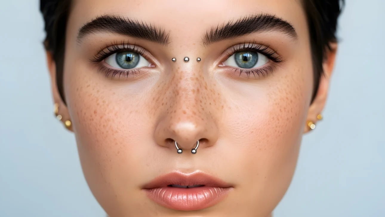 Elevate your projects with this close-up of a woman's face, highlighting her unique piercings and freckled complexion.
