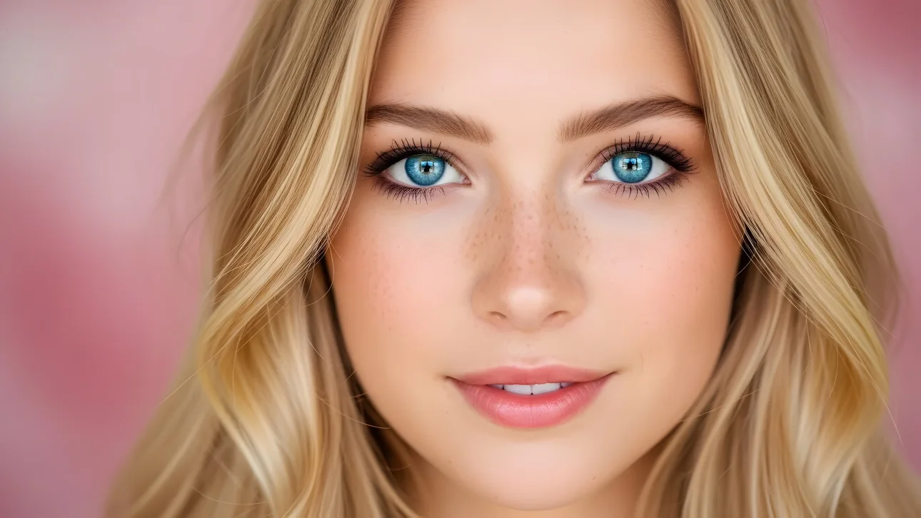 Enhance your creative projects with this striking portrait of a blonde woman. Features captivating blue eyes and freckles.