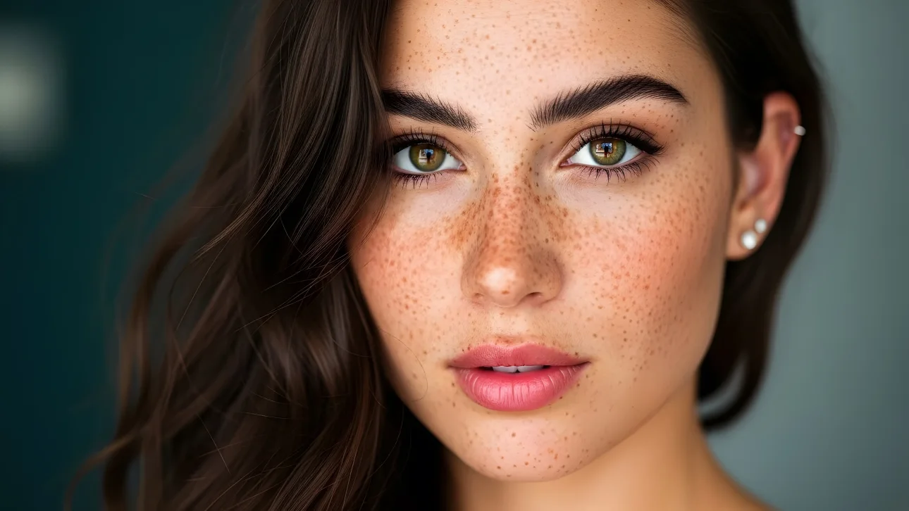 Enhance your designs with this image of a beautiful freckled woman featuring striking green eyes.