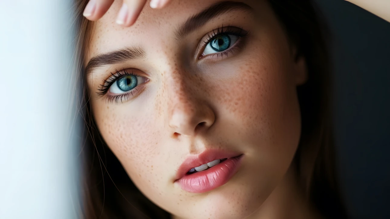 Elevate your brand with this freckled woman portrait! Premium design asset, perfect for inclusive beauty and skincare campaigns.