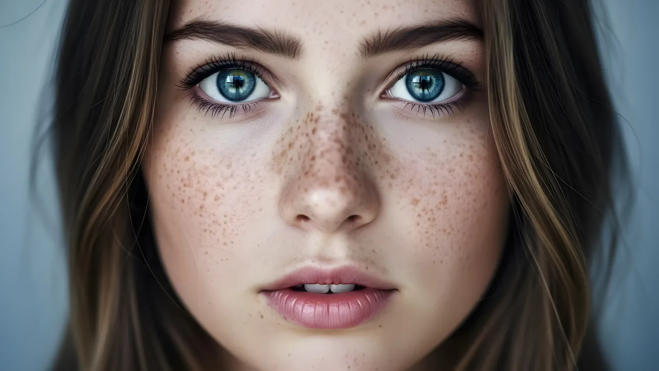 Elevate your visuals with a freckled portrait in hyperrealistic style. Perfect premium design asset for beauty and skincare branding initiatives.