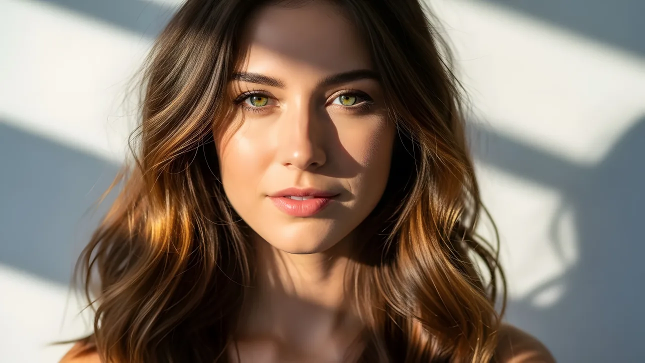 Elevate your brand with a stunning woman portrait. Features soft, natural light and captivating beauty, perfect for salon promotions.