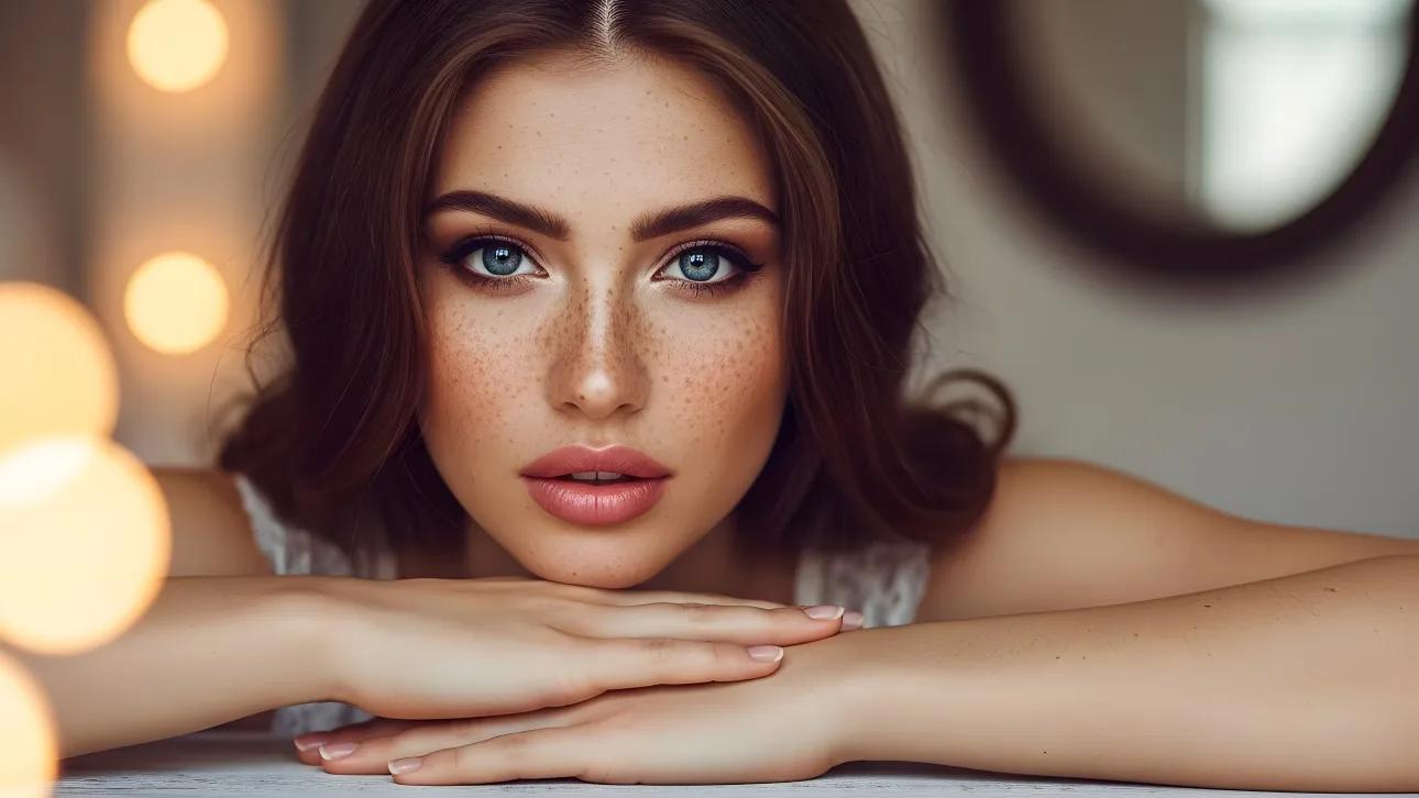 Elevate your beauty campaigns with this freckled woman portrait. Perfect for high-end branding and skincare promotions, ready for commercial use.