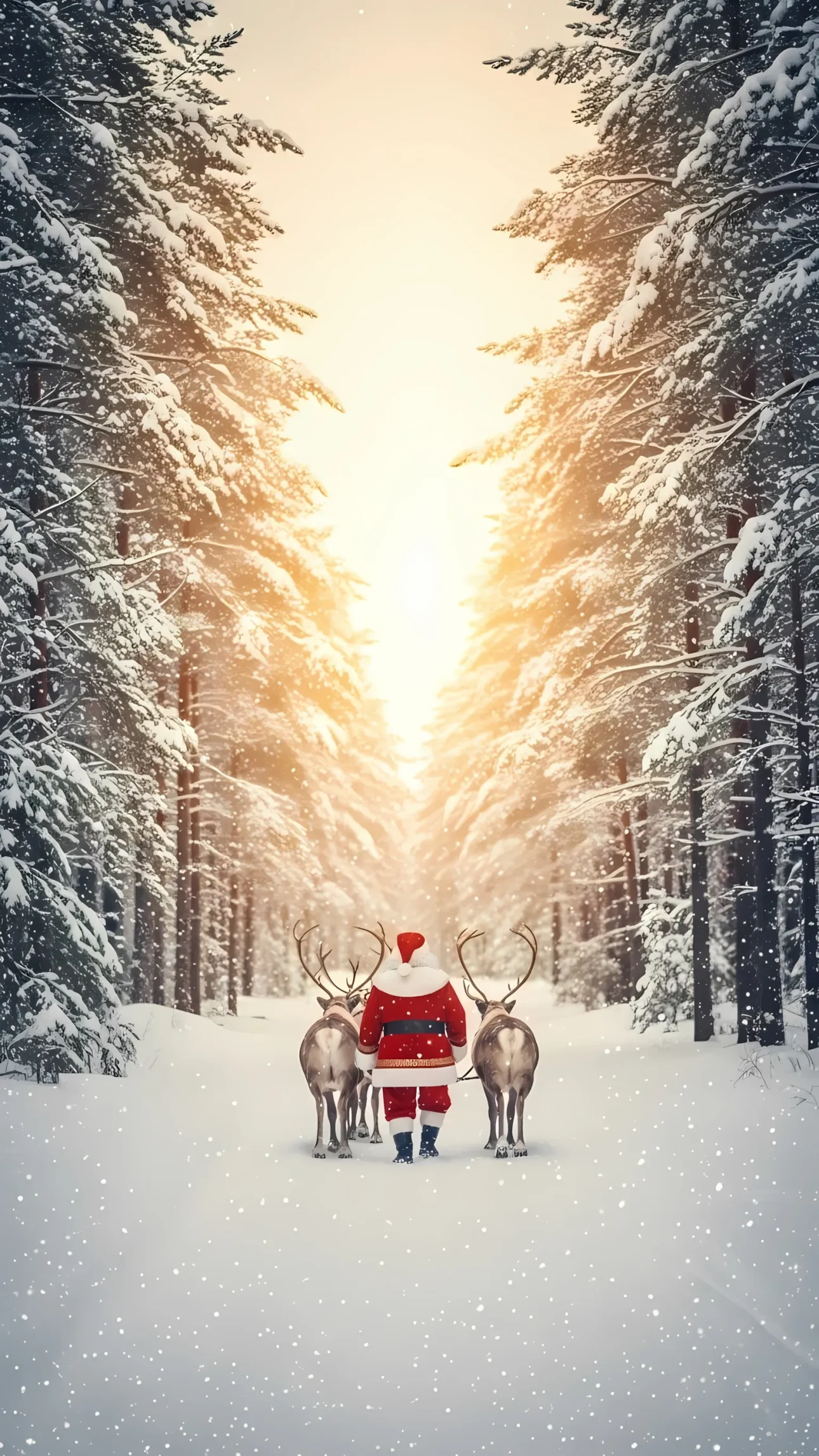 Evoke festive wonder with this scenic Christmas image featuring Santa and reindeer. Ideal for holiday promotions or heartwarming greeting cards. Ready for seasonal designs.