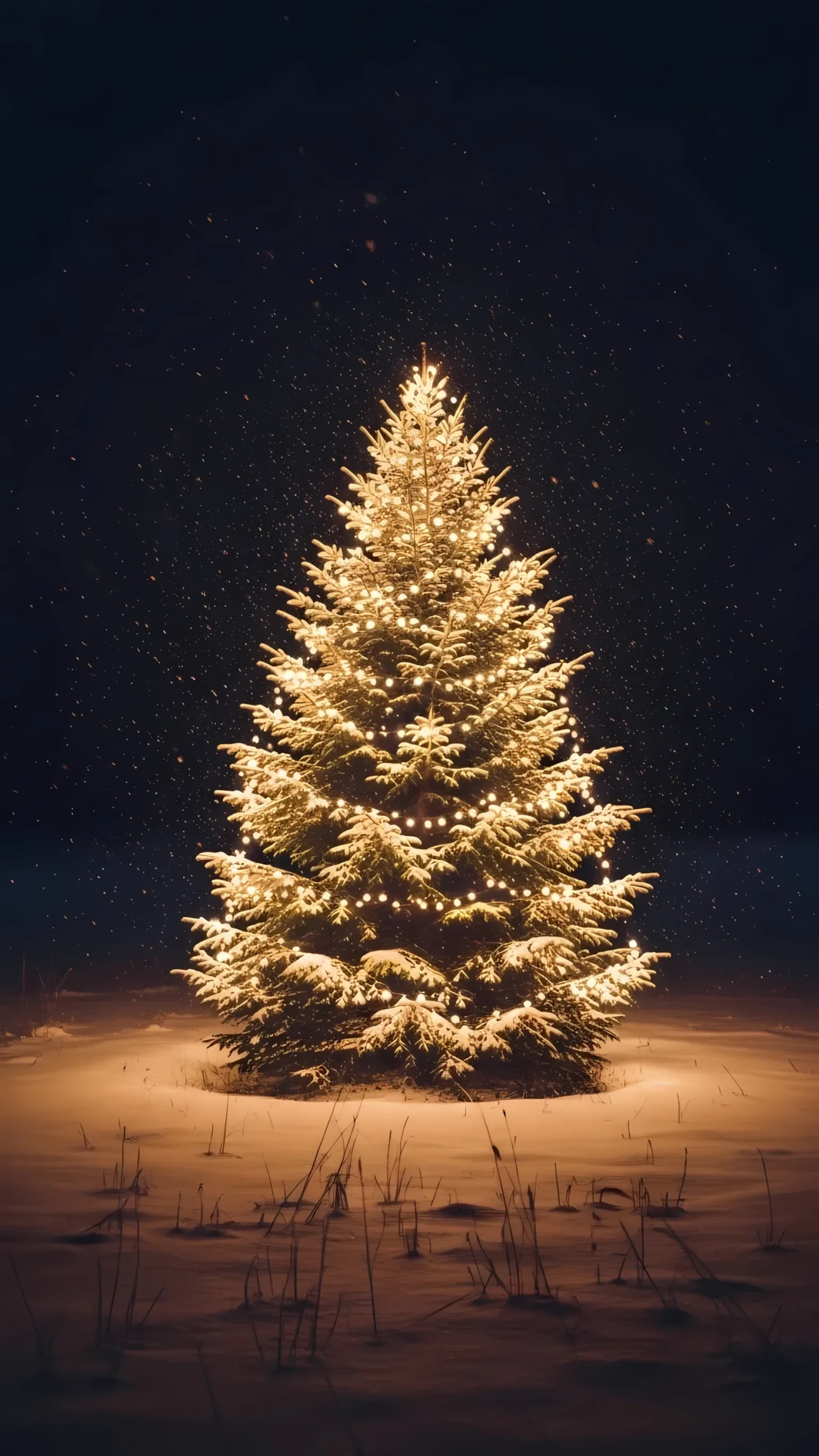 Enhance your holiday project with a stunning Christmas tree illustration glowing warmly against a snowy night background, perfect for elegant winter designs.