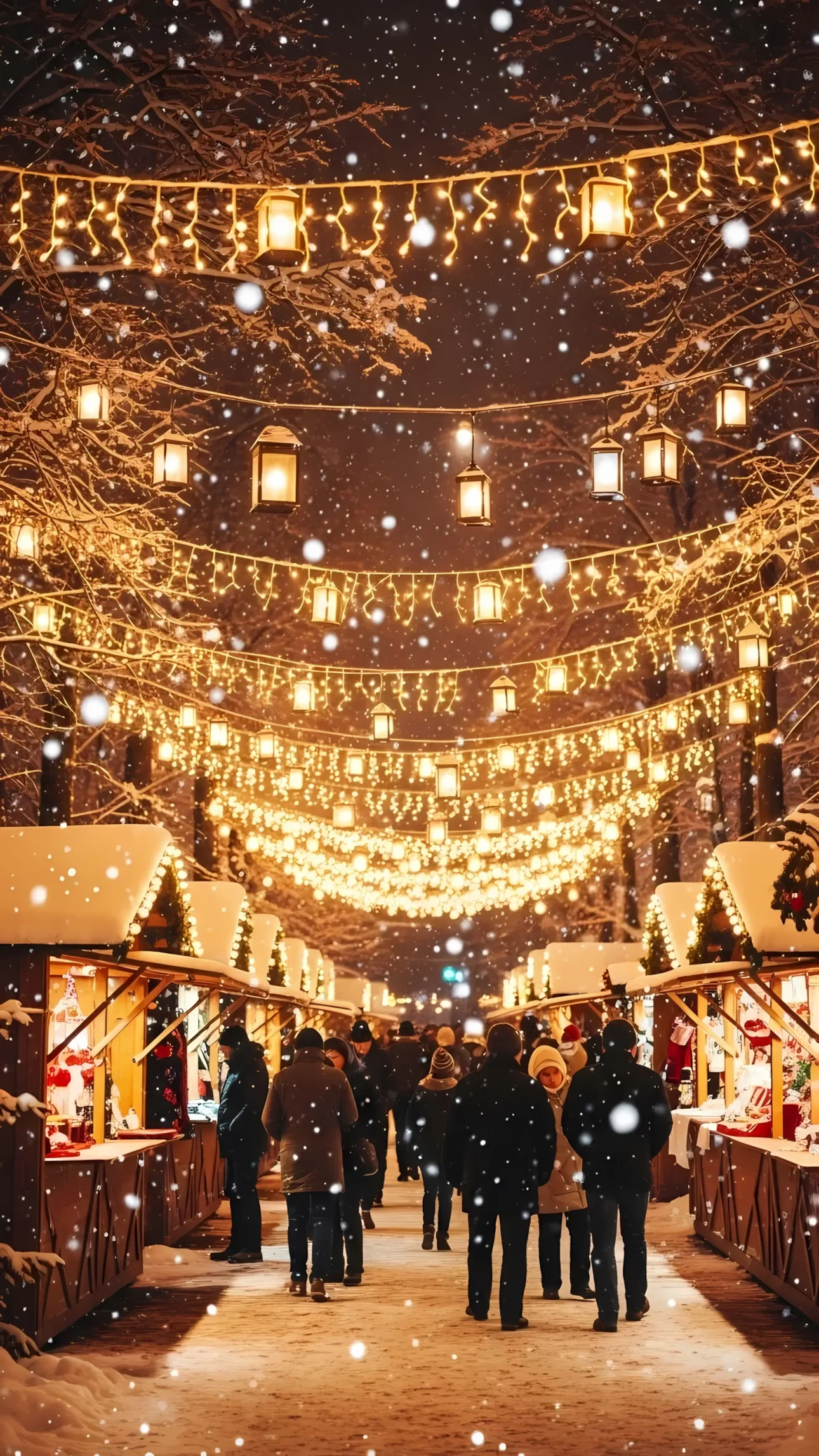 Capture the magic of a winter wonderland with this charming Christmas market scene featuring lights and snowfall. Perfect for holiday-themed designs.
