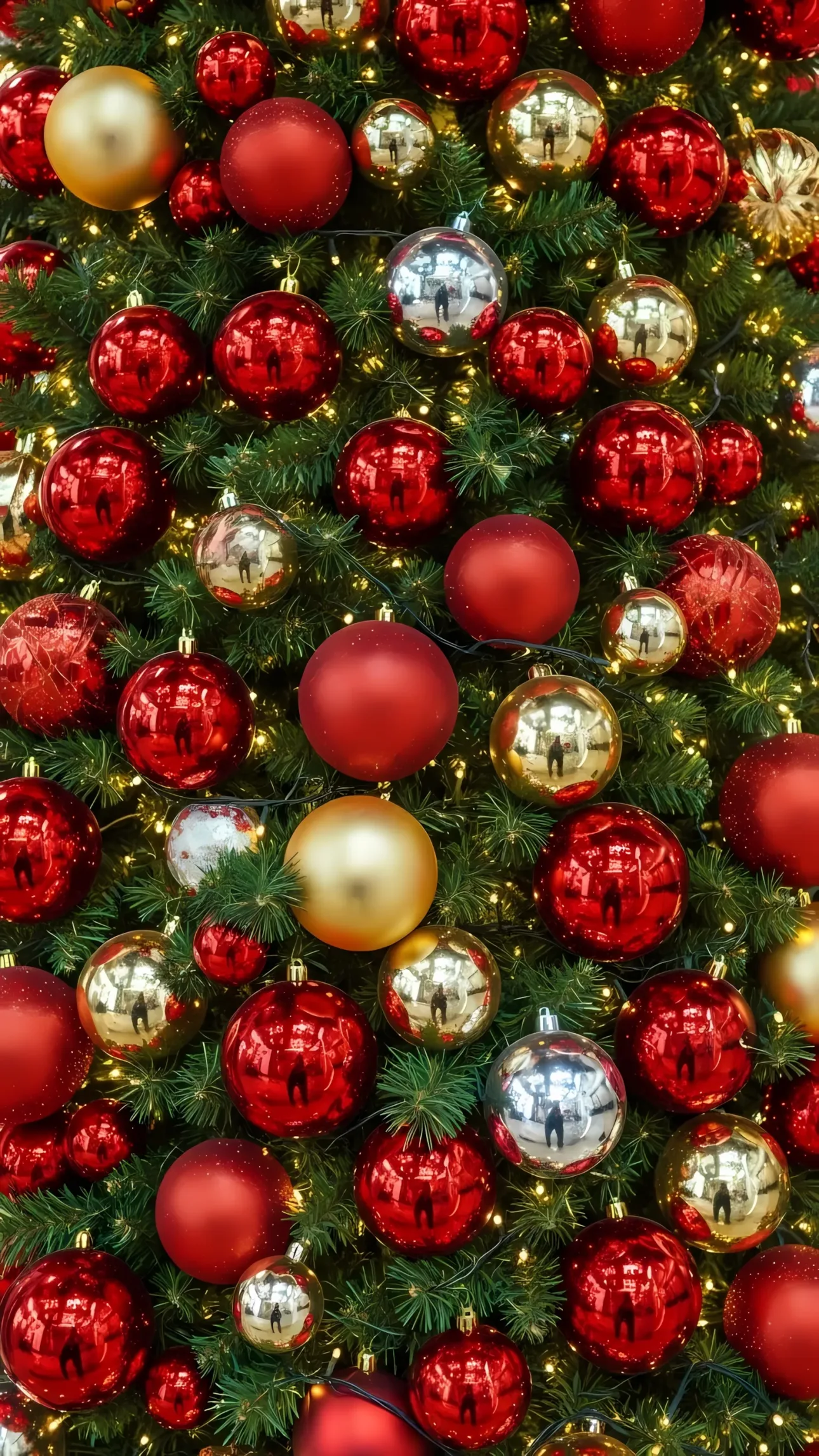 Elevate your festive designs with this detailed Christmas tree image, featuring bright red and gold ornaments. Perfect for holiday cards and seasonal marketing.