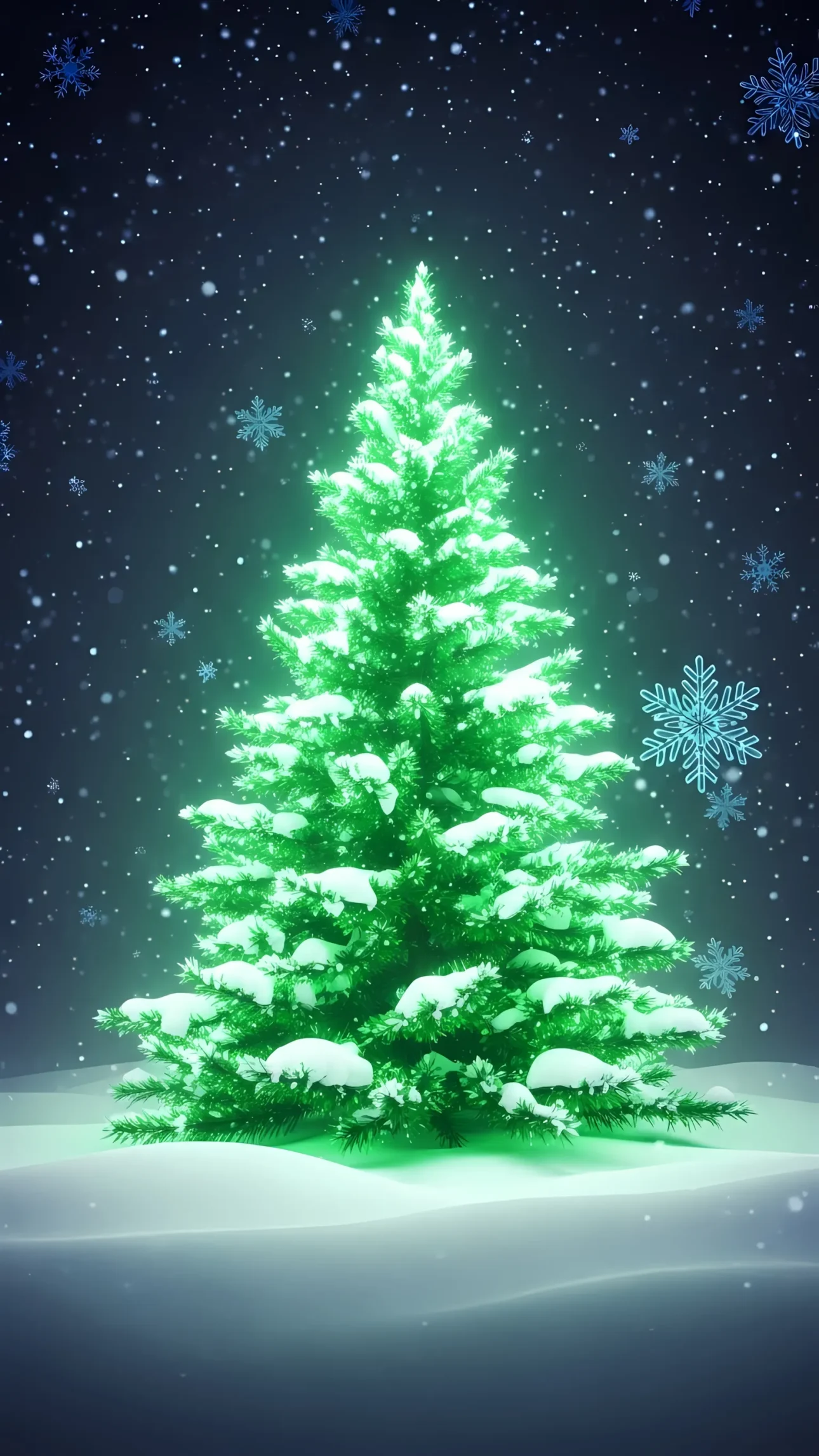 Create festive designs using this glowing Christmas tree image. Featuring a snowy landscape and delicate snowflakes, it's perfect for elegant holiday cards.