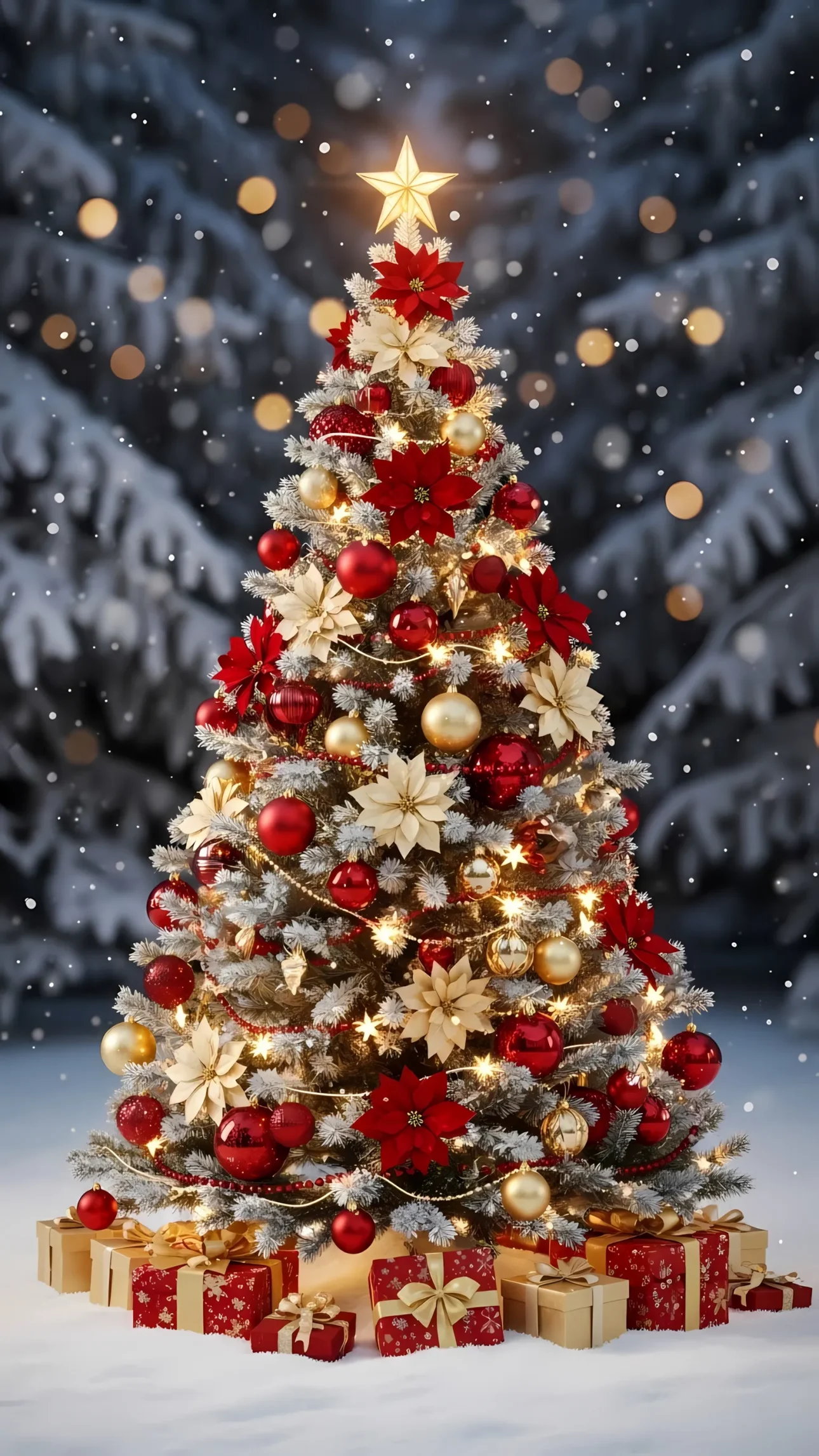 Enhance your festive designs with a decorated Christmas tree featuring classic red and gold ornaments, evoking a nostalgic holiday mood. Ideal for seasonal promotions.