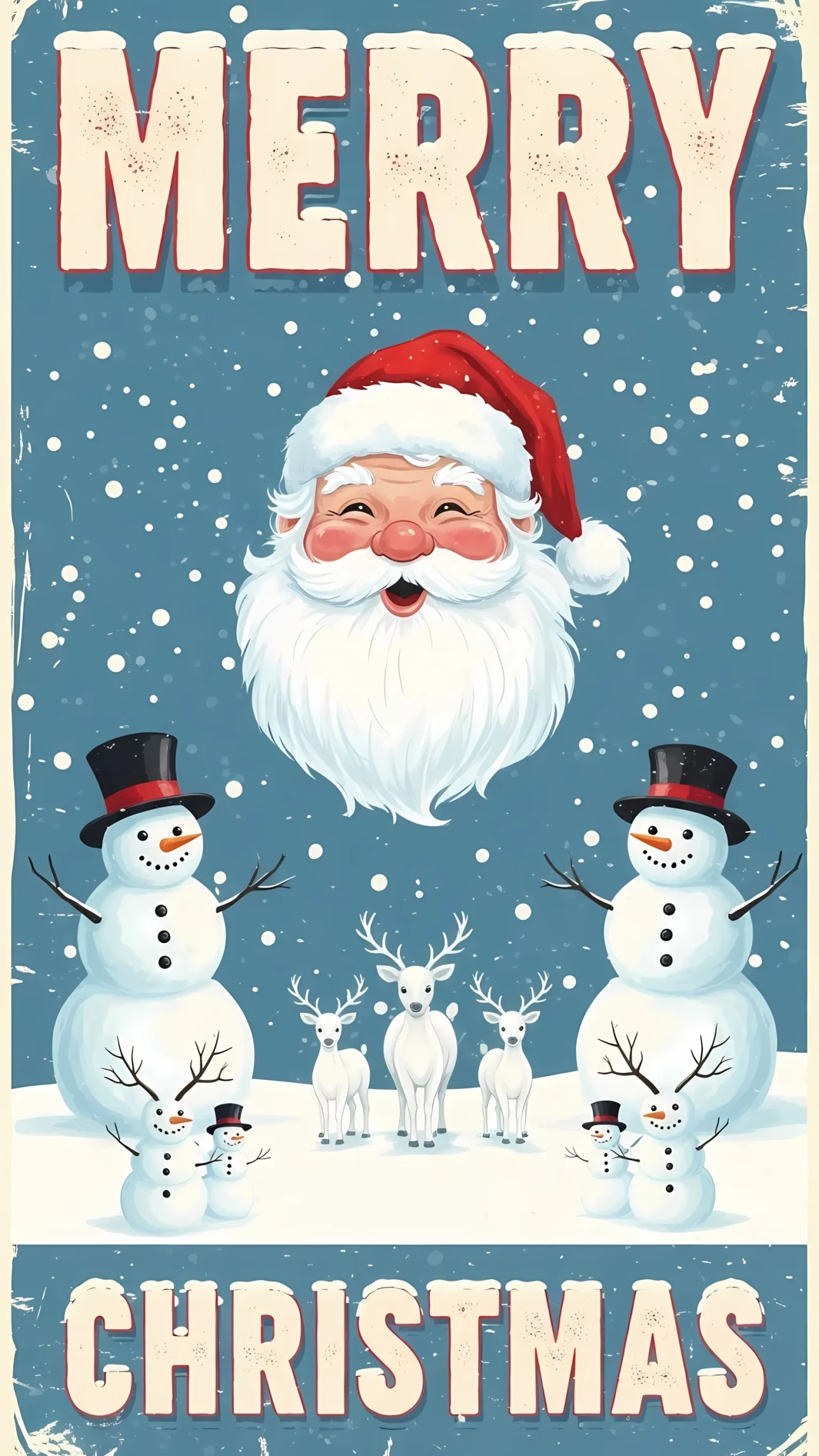 Evoke holiday cheer with this vintage-styled Christmas scene featuring Santa, snowmen, and reindeer. Enhance greeting cards, posters, or digital campaigns with this festive graphic. Ready for commercial use.