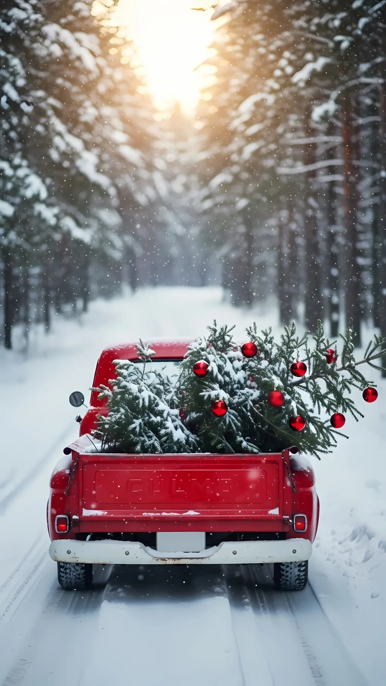 Evoke holiday warmth with this charming red truck image featuring festive Christmas trees. Ideal for seasonal greeting cards and winter promotions. Ready for instant commercial use.