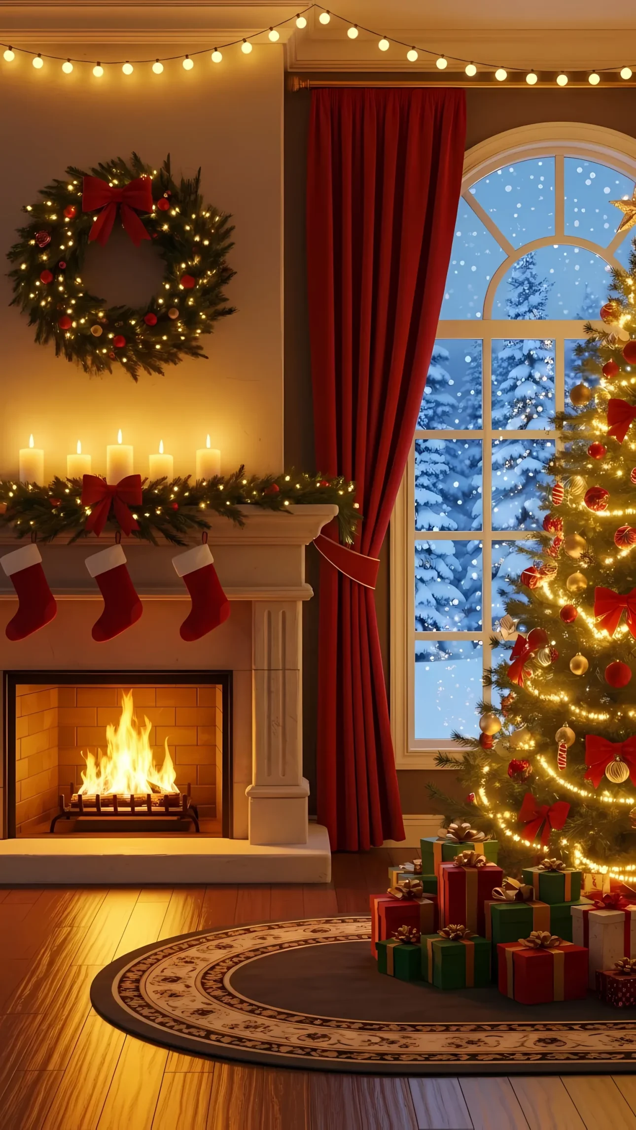 Elevate your seasonal designs with this cozy Christmas living room illustration. Perfect for high-end holiday marketing materials and winter-themed projects. Ready for instant commercial use.