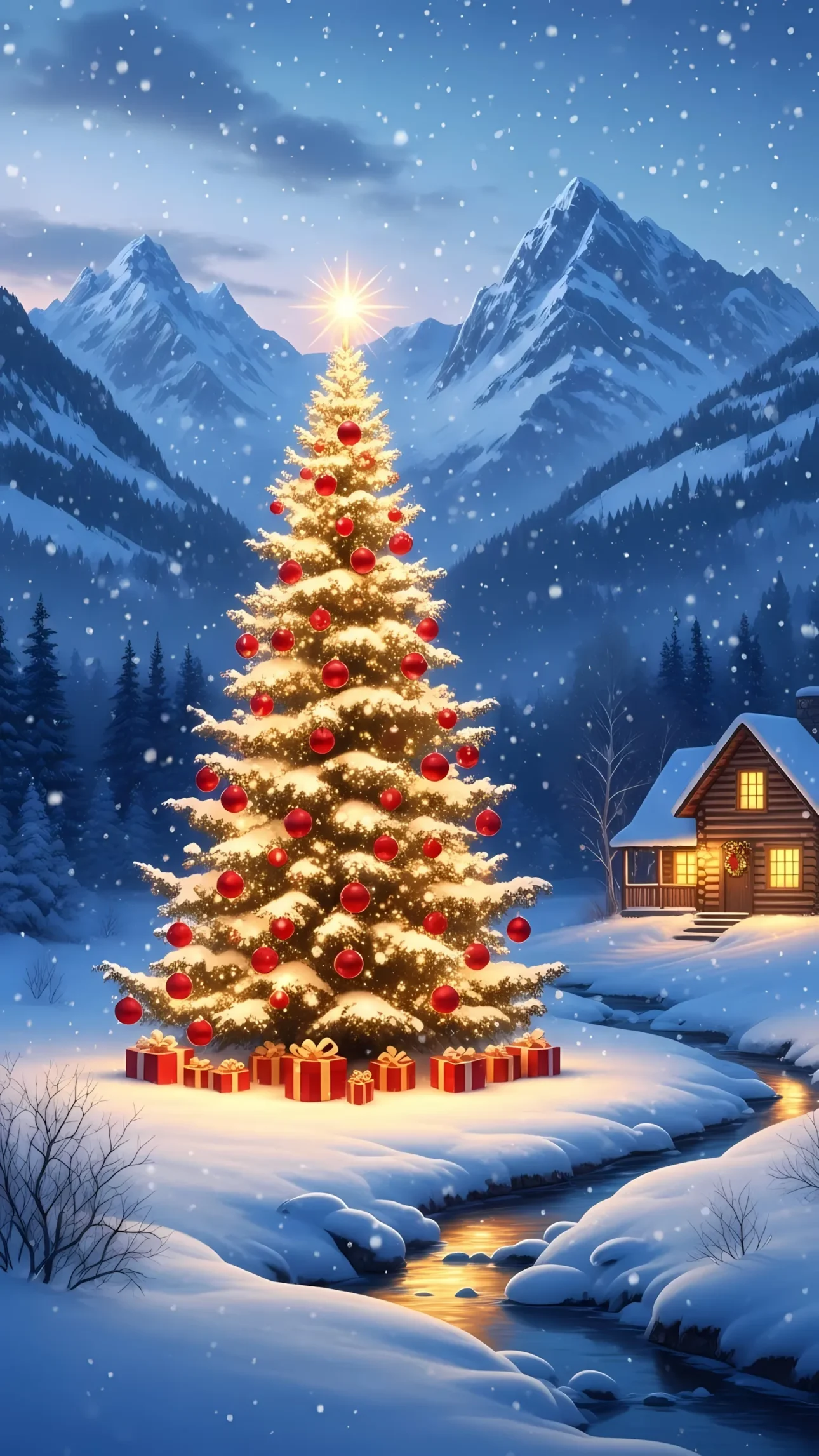Elevate your seasonal designs with this charming Christmas tree illustration, set against a picturesque mountain backdrop. Perfect for holiday cards and festive promotions.
