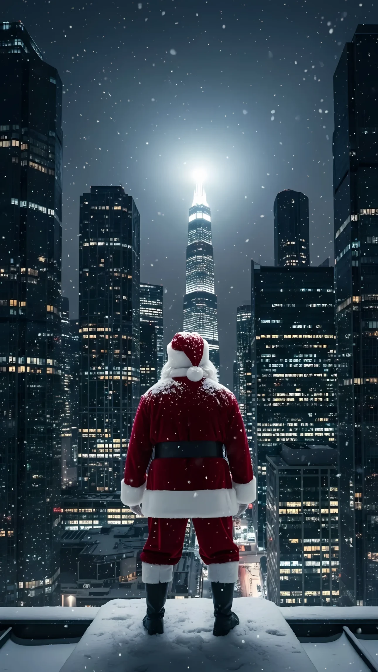 Elevate your holiday projects with this image of Santa overlooking a cityscape at night, creating a magical winter ambiance, perfect for Christmas campaigns.