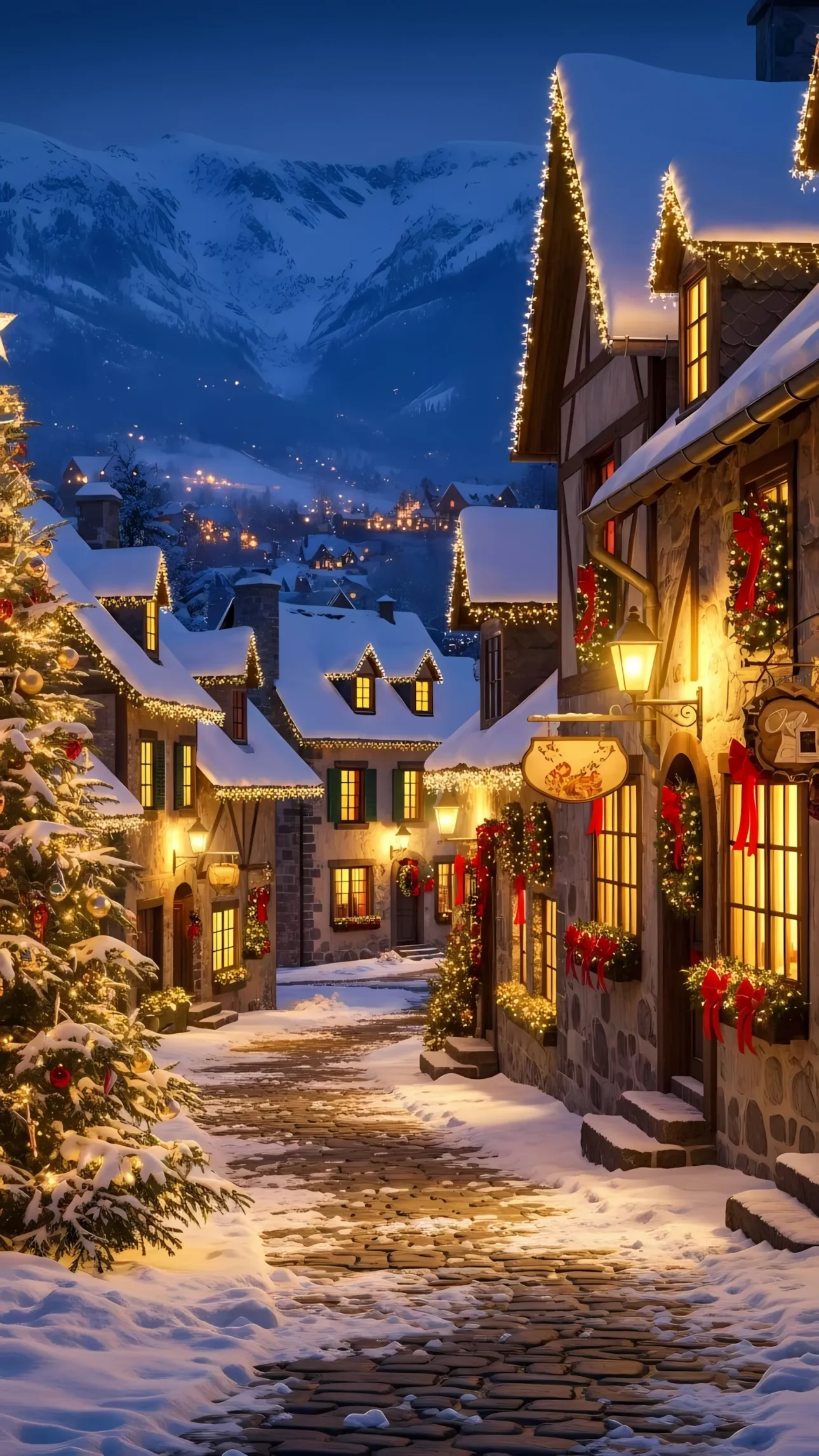 Discover a charming Christmas village scene, featuring snow-covered buildings and festive lights. Enhance your holiday designs with this premium illustration, perfect for creating a warm and inviting seasonal atmosphere.