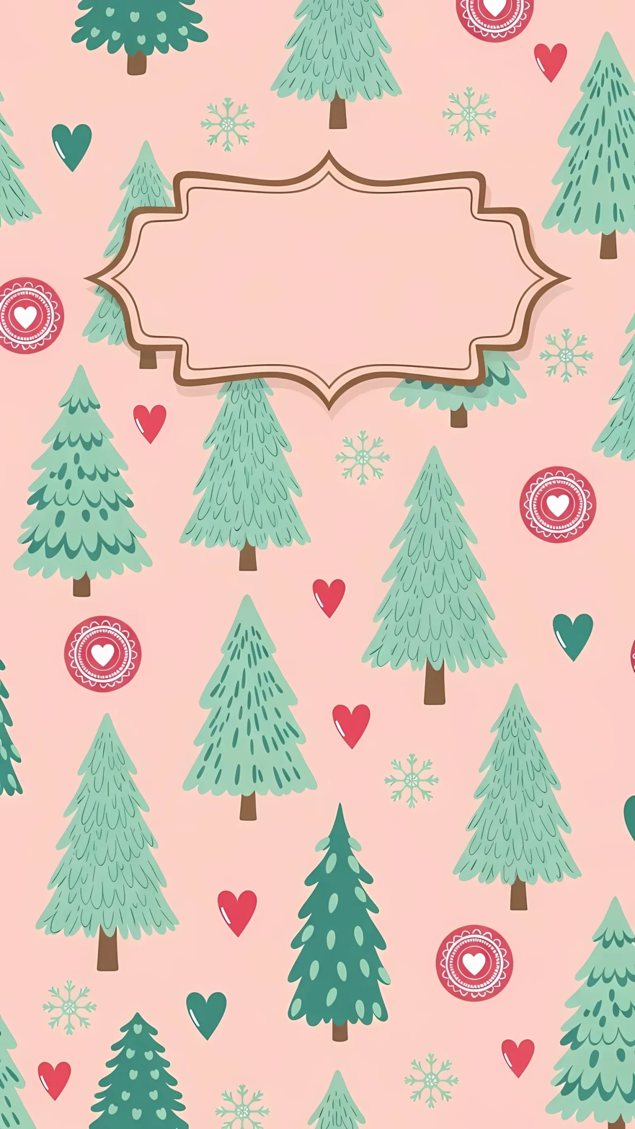 Elevate your holiday designs with this charming Christmas tree pattern, featuring hearts and snowflakes. Premium design asset perfect for festive backgrounds and greeting cards.