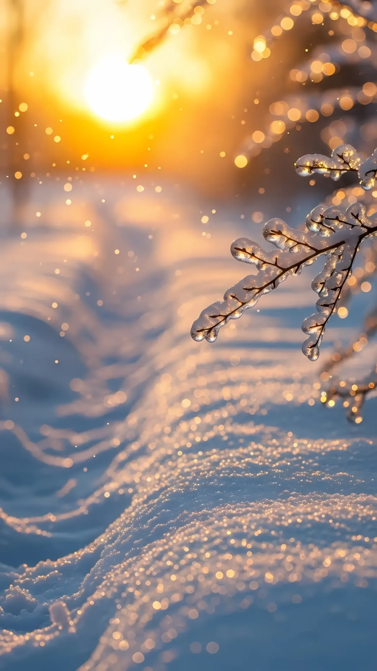 Capture winter's magic with this image featuring sunlit ice crystals and snowy terrain. Ideal for holiday themes or serene nature designs, ready for editorial use.